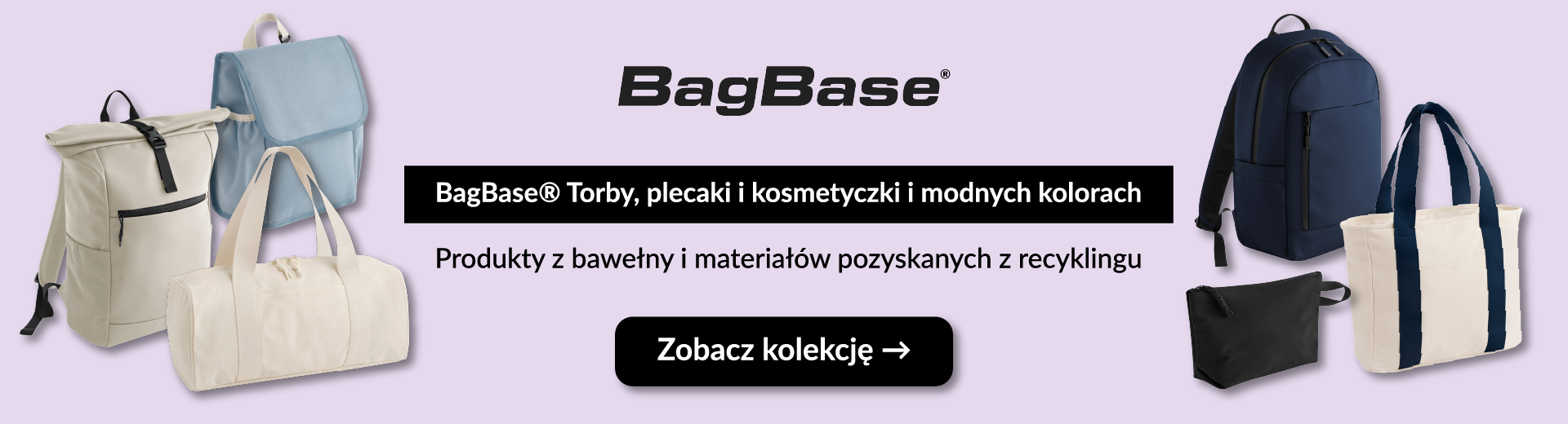 Baner BagBase prezentujący kolorowe torby, plecaki i kosmetyczki z bawełny oraz recyklingu na fioletowym tle.