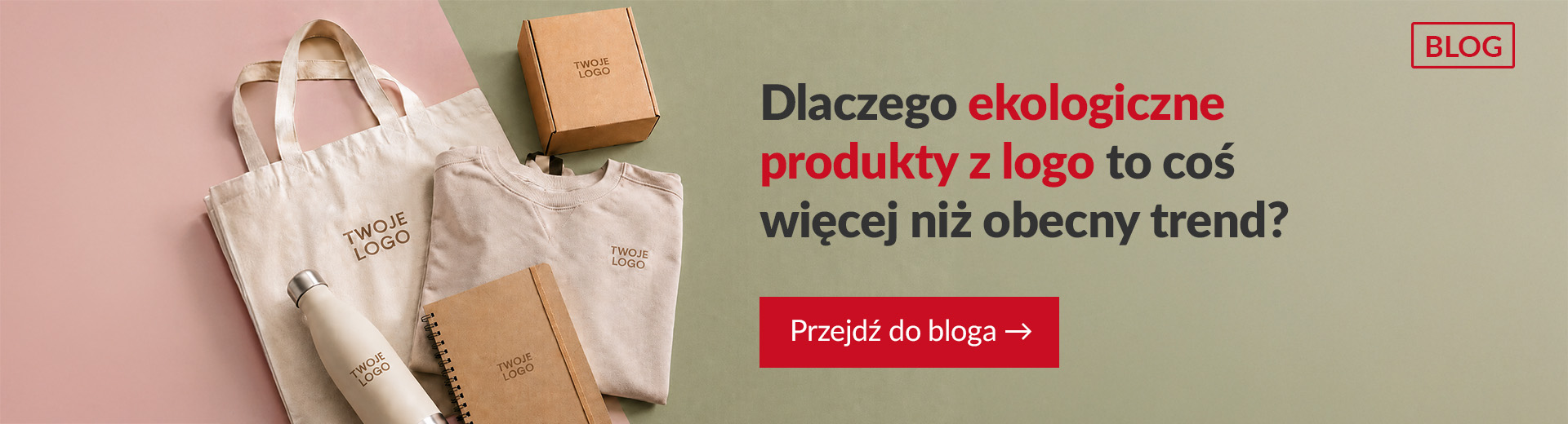 Baner bloga PromoExpress – ekologiczne produkty reklamowe z logo: torba bawełniana, koszulka, notes, butelka termiczna i pudełko z nadrukiem. Artykuł: Dlaczego ekologiczne produkty z logo to coś więcej niż obecny trend?