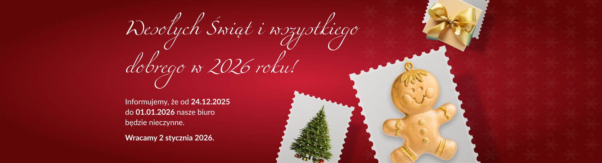 Świąteczny baner PromoExpress z życzeniami na 2026 rok i informacją o przerwie świątecznej; po prawej ilustracje: choinka, piernikowa figurka i prezent.