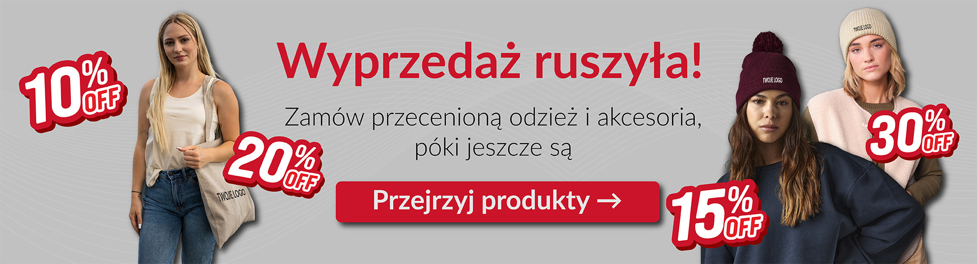 Baner PromoExpress informujący o wyprzedaży odzieży i akcesoriów; modele w odzieży z logo oraz oznaczenia rabatów procentowych.