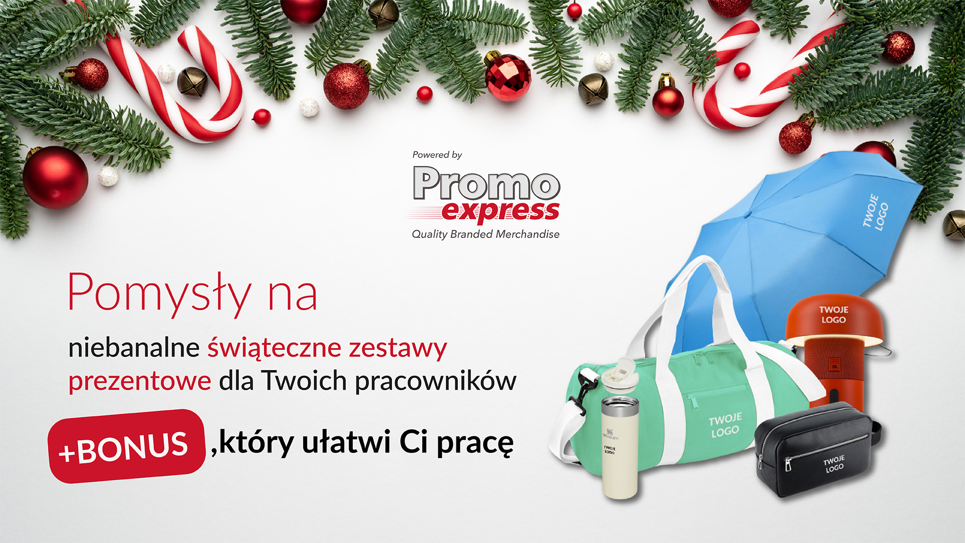 Grafika PromoExpress z pomysłami na świąteczne zestawy prezentowe; przykładowe gadżety z logo: torba, termos, parasol, kosmetyczka i głośnik