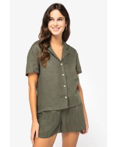 Lniana Koszula Damska Z Krótkim Rękawem Z Kołnierzem Bowling kariban TKA/SP523