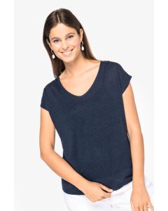 Koszulka Damska Lniana V-Neck kariban TKA/SP321