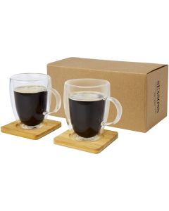 Manti 2 sztuki, kubek szklany z podwójną ścianką o pojemności 350 ml z bambusową podkładką pf GPF/113316