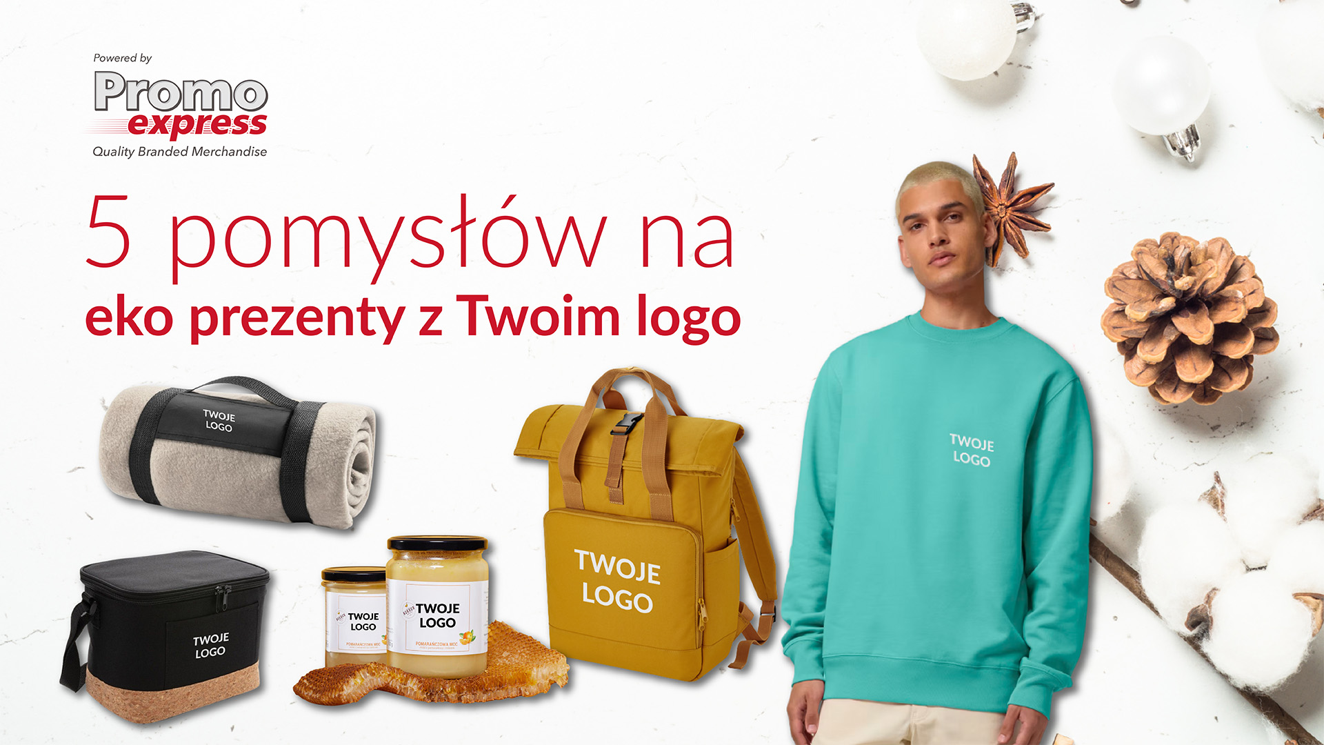 Grafika PromoExpress z hasłem ‘5 pomysłów na eko prezenty z Twoim logo’; na ilustracji widoczne produkty ekologiczne, m.in. torba, bluza, świeca, koc i miód.