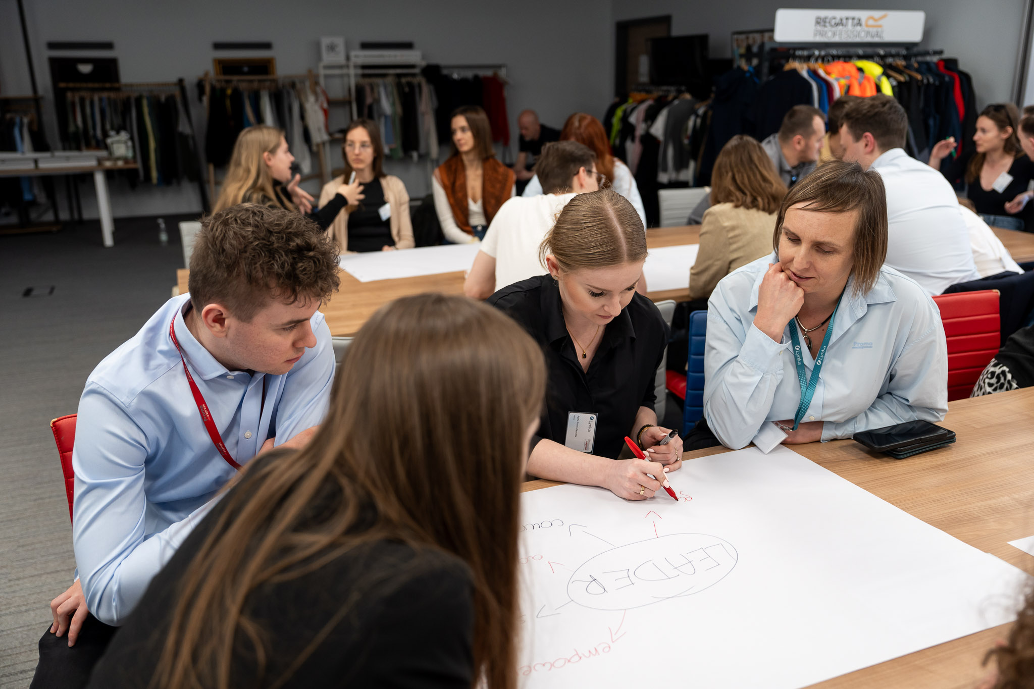 Dwie osoby piszące flamastrami po arkuszu papieru rozłożonym na stole.