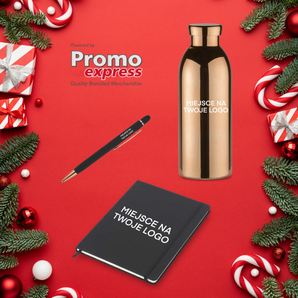 Zestaw prezentowy glamour z notesem, długopisem i butelką metaliczną z logo