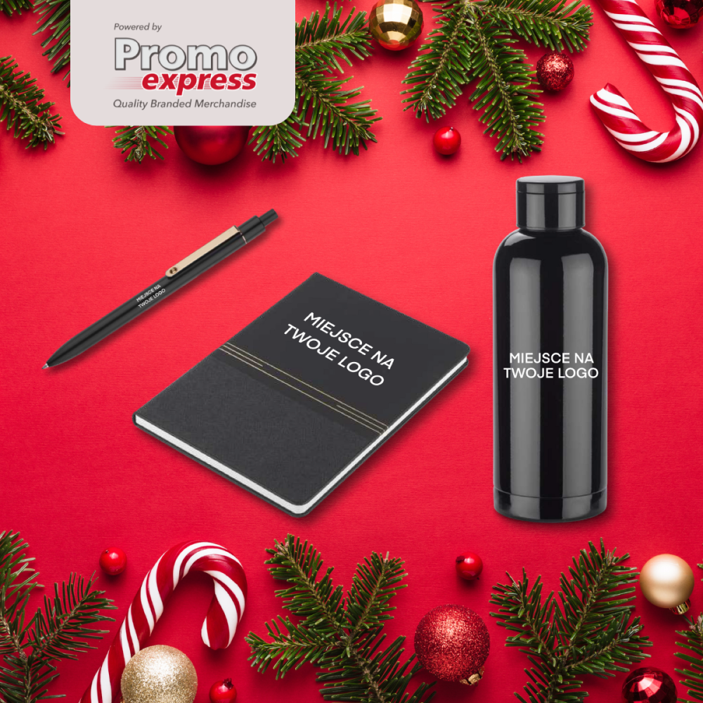 Zestaw upominkowy Back to Black – notes, butelka i długopis z personalizacją