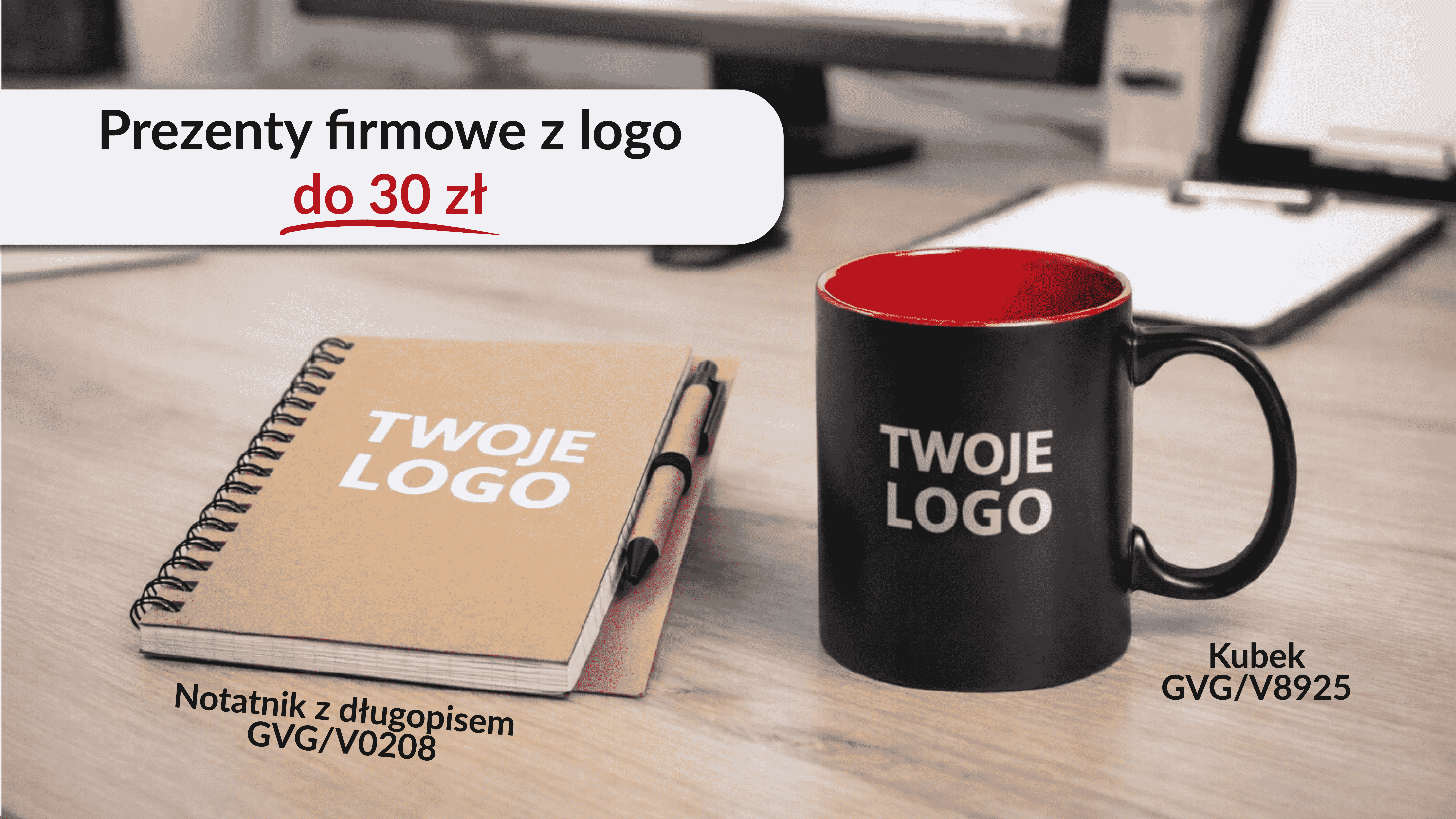 Czarny kubek z czerwonym wnętrzem oraz ekologiczny notatnik z długopisem. Na obu produktach napis &bdquo;Twoje Logo&rdquo;.
