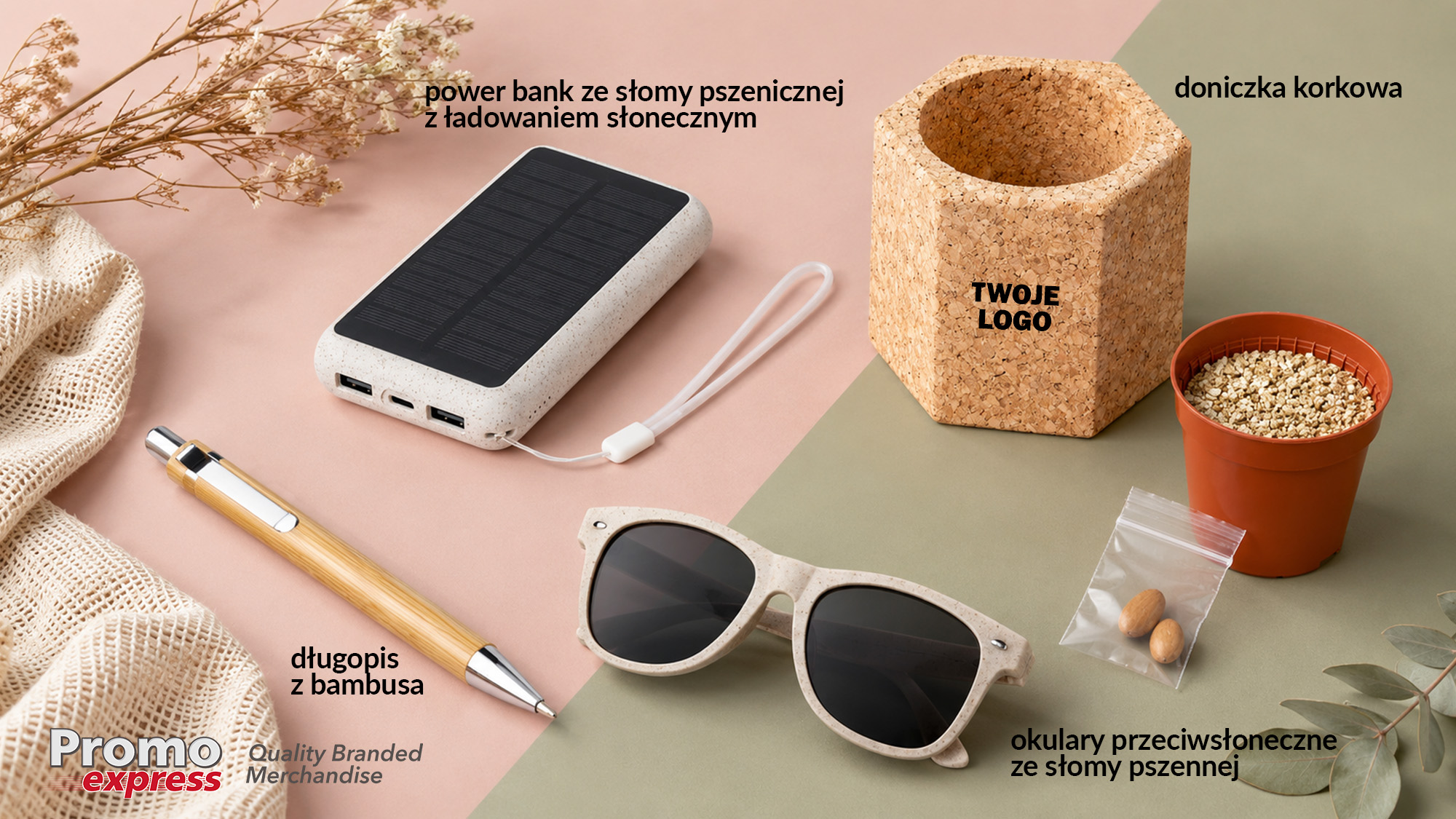 Ekologiczne gadżety reklamowe z logo &ndash; power bank ze słomy pszenicznej z ładowaniem słonecznym, długopis bambusowy, okulary przeciwsłoneczne ze słomy pszennej i doniczka korkowa z nadrukiem. PromoExpress.