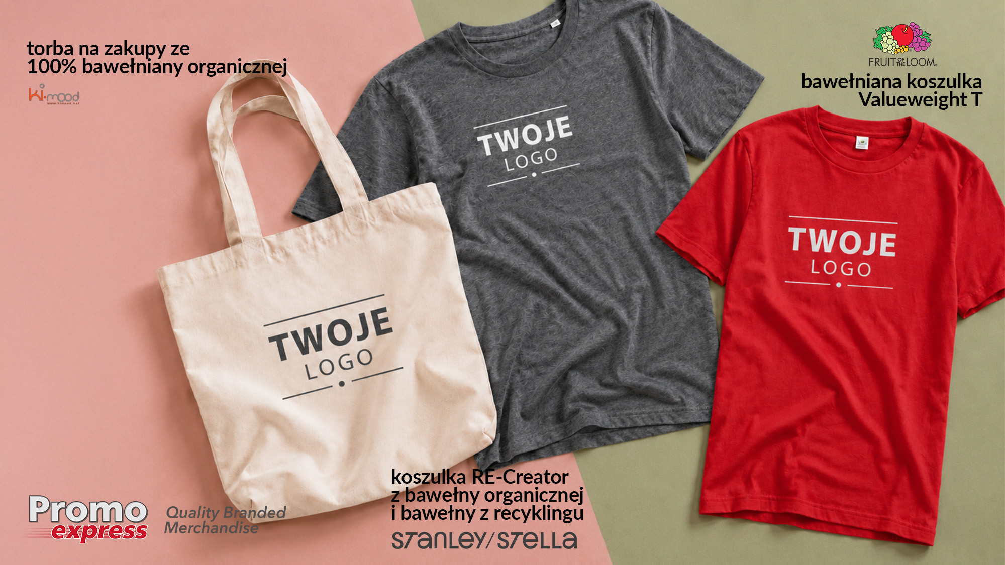 Ekologiczne produkty z nadrukiem logo &ndash; torba bawełniana organiczna Ki:mood, koszulka Stanley/Stella RE-Creator z bawełny organicznej i recyklingu oraz koszulka Fruit of the Loom Valueweight T. PromoExpress.