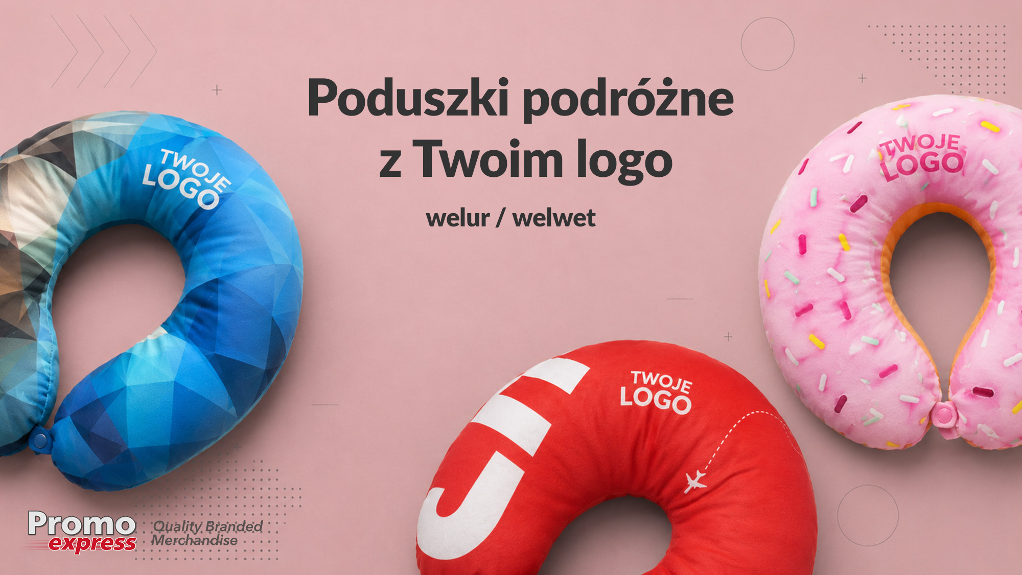 Poduszki podr&oacute;żne z logo firmy z nadrukiem &ndash; modele z weluru i welwetu w kolorach niebieskim, czerwonym i r&oacute;żowym w kształcie pączka.