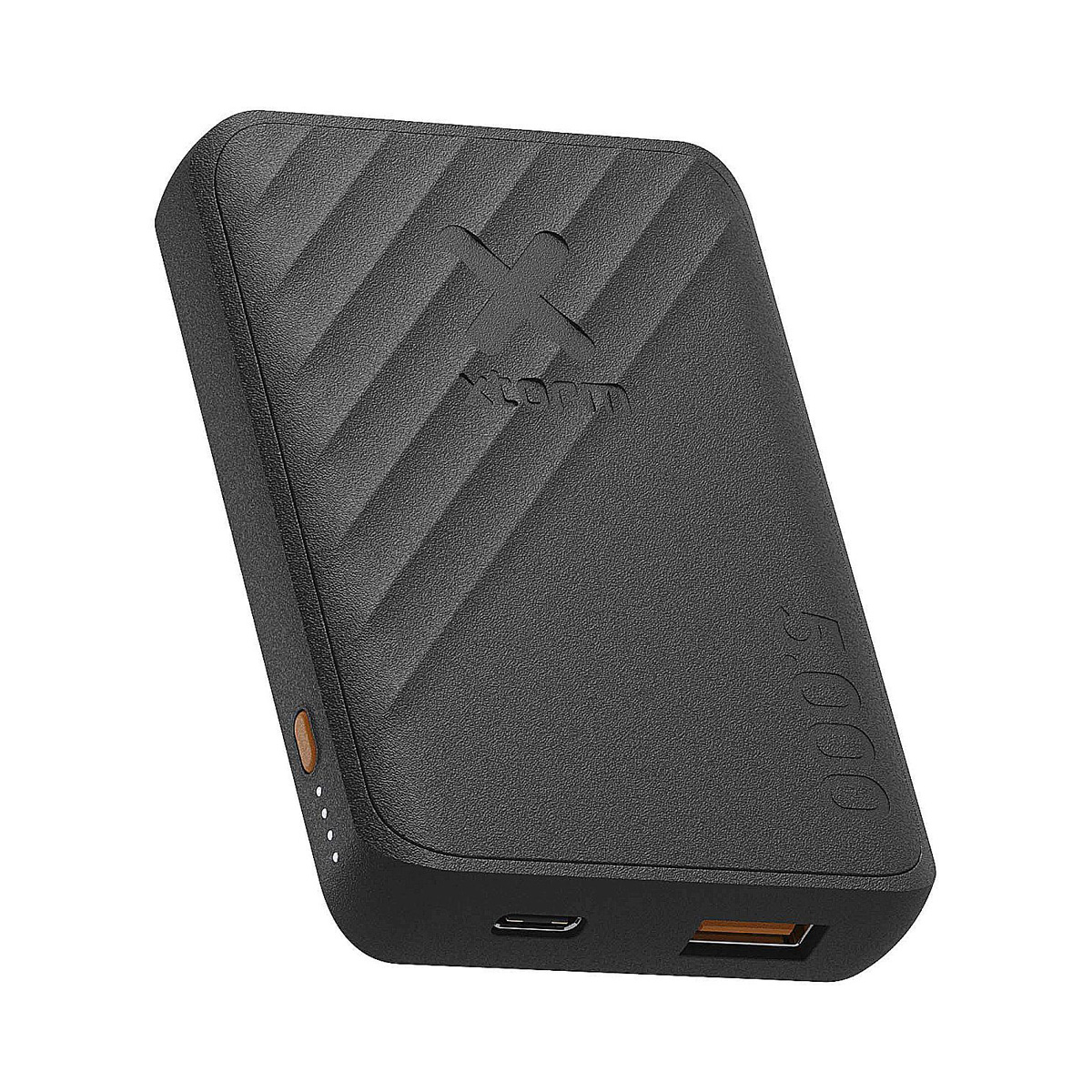 Czarny kompaktowy powerbank z pikowaną obudową i dwoma portami USB.