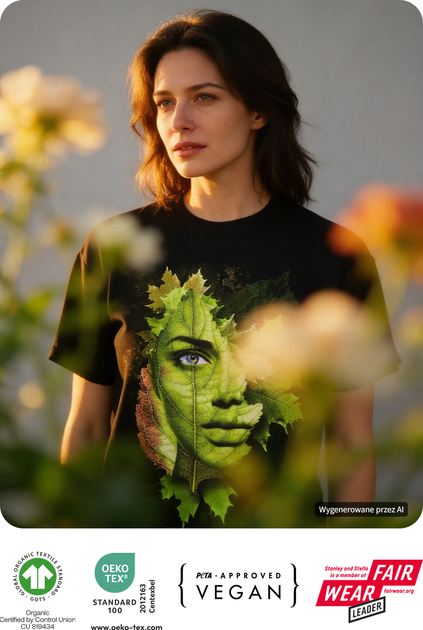 Kobieta w koszulce Stanley/Stella z nadrukiem Earth Day – koszulka reklamowa z nadrukiem farbami wodnymi