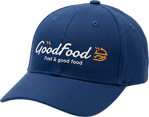 Granatowa czapka z daszkiem z haftowanym fikcyjnym logo GoodFood, przykład produktu z brandingiem klienta w ofercie PromoShop