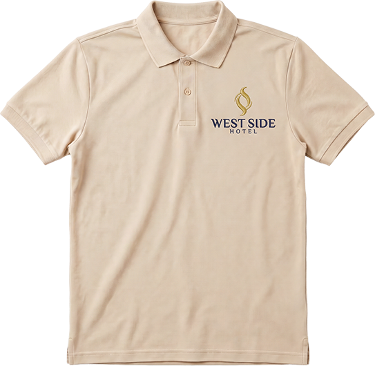 Koszulka polo z haftowanym logo fikcyjnego hotelu West Side, przykład produktu z brandingiem klienta